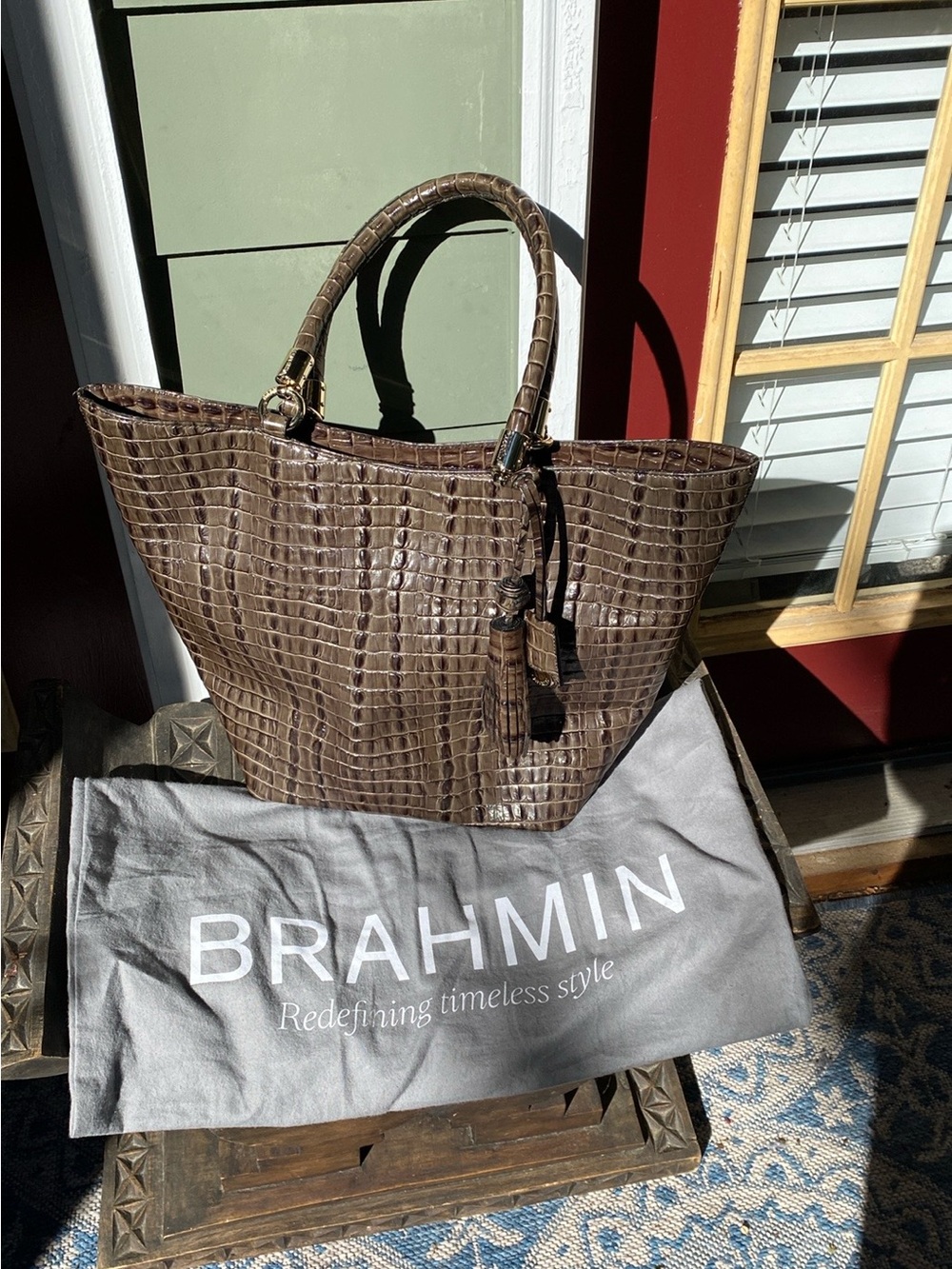 Brahmin Brown Croc-Embossed Leather Tote with Tassel Charm